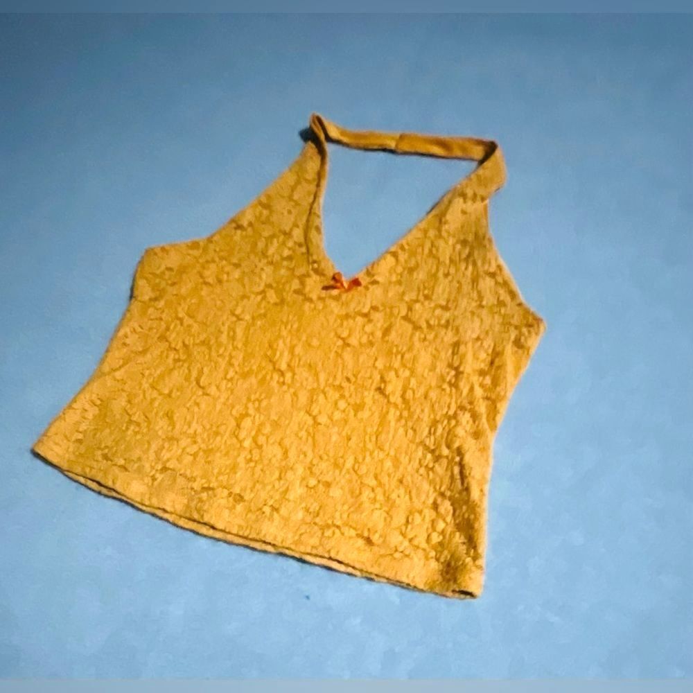 Faded Rose Mustard Yellow Lace Halter Top Sz L Y2K Boho Coquette Floral Ribbon L